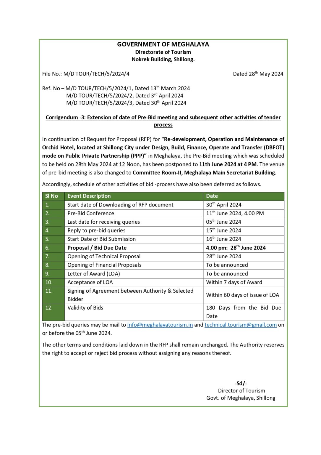 Extension of date for publishing of tender documents